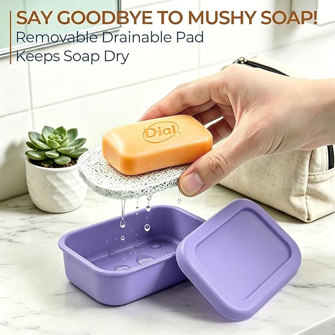 AIMAIAIMAI Silicone Shampoo Bar Travel Case with Drain Pad – Leak Proof Bar Soap Travel Case for 2 Bars, Shampoo & Conditioner Bar Holder for Camping, Gym | 1 Pack, Light Purple