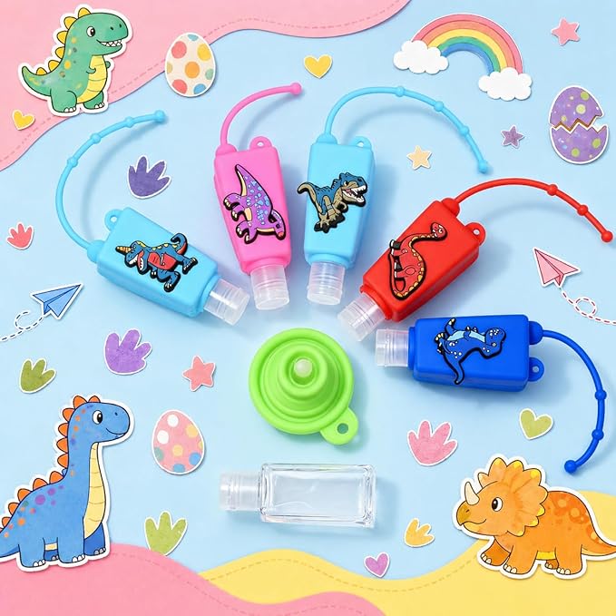 5-Pack Kids Cartoon Hand Sanitizer Holder (No Sanitizer Included), 30ml Refillable Travel Bottles with Silicone Case, Leak-Proof for Lotion & Liquid Soap (Roar Dino)