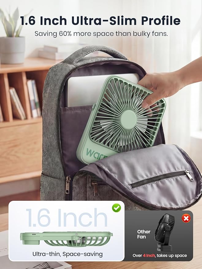 Warmco 10000mAh Portable Travel Fan 7-inch, Up to 24H Runtime, Ultra-thin Quiet Rechargeable Battery Operated Desk Fan with Digital Display for Camping, Office, Bedroom, Cruise Essentials