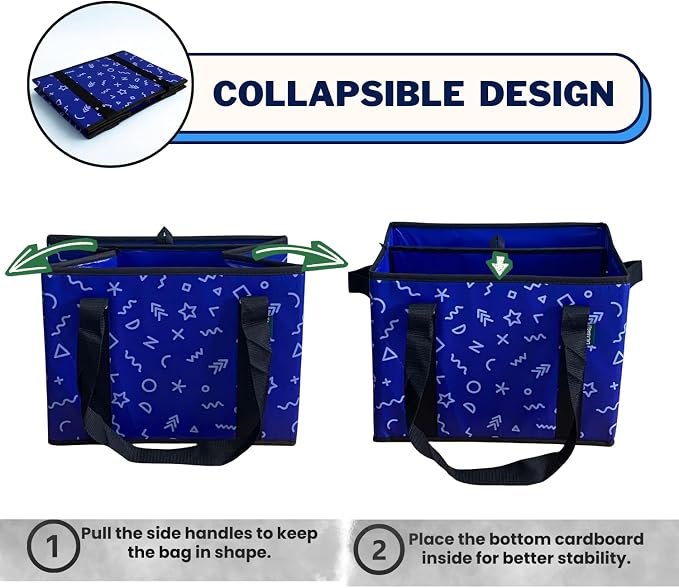 Reusable Grocery Bags (3 Pack) - Heavy Duty Foldable Tote Bags with Long Handles & Hard Bottom - Large Reusable Shopping Bags, Box-Shaped Grocery Totes Hold Up to 65 lbs, Stand Up & Fold Flat
