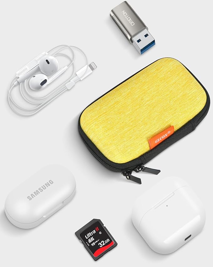 Mini Hard Earbud Case for Apple Airpods, Earpods, Samsung Galaxy Buds, JBL, Sony in-Ear Headphones - Small Cute Protective Case Pouch for Cable, Cord, Card, Earplugs, Heart Monitor - Gold-Yellow