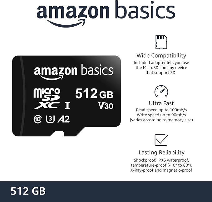 Amazon Basics microSDXC Memory Card with Full Size Adapter, A2, U3, Read Speed up to 100 MB/s, 512GB, Black