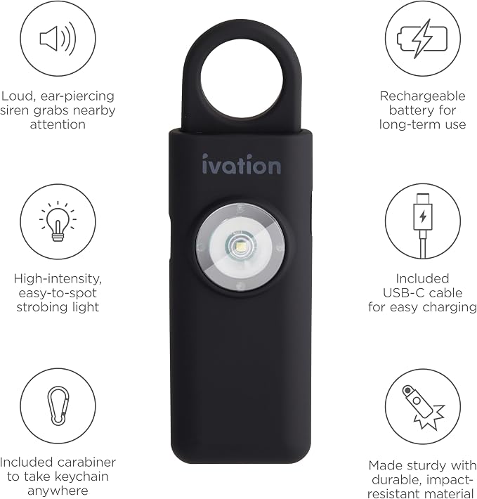 Ivation Personal Rechargeable SOS Alarm, Pocket Size Loud 130dB Sound Safety Siren & LED Panic Strobe Light with Carabiner Keychain Clip for Women, Children & Seniors, Black