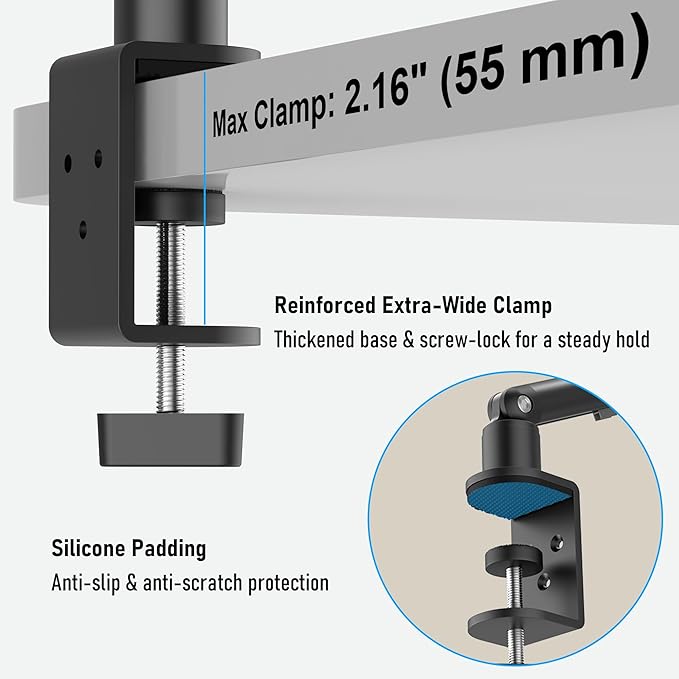 Portable Monitor Stand 15.6", Heavy Duty Tablet Arm Mount with Desk Clamp, Sag-Free Adjustable iPad Holder for Bed, 360° Foldable Arm Fits 4.7"-18.5" iPad Pro/Air/Mini, 2.2lbs Capacity, Matte Black