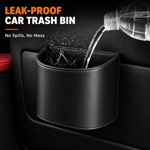 COZILO Leather Car Trash Can – Leakproof & Easy-to-Clean Car Garbage Can for Luxury Cars, SUVs & Trucks | Includes 60 Custom Liners, Secure Hook, Easy Install, Black