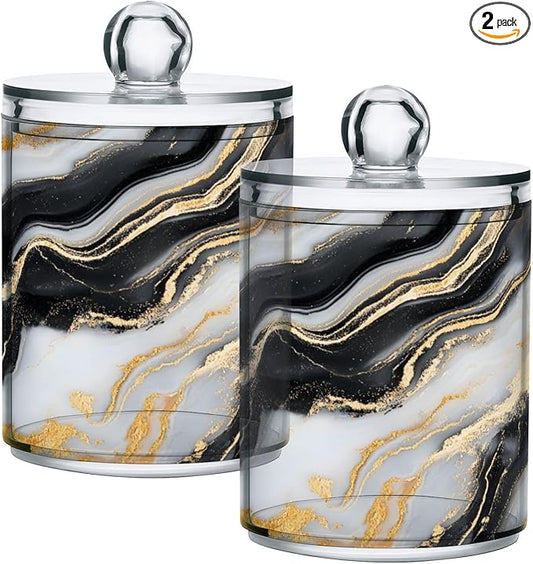2 Pack Qtip Holder Organizer Dispenser Black Gold Grey Marble Texture Bathroom Storage Canister Cotton Ball Holder Container for Cotton Pads/Swabs/Floss