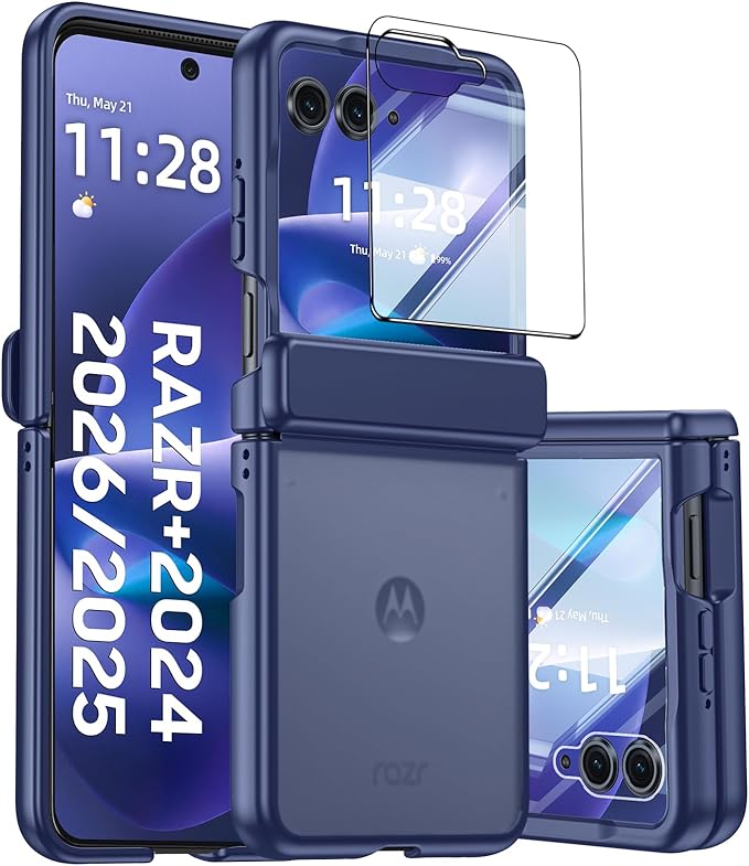 for Motorola Razr+ Plus 2026,Razr+ Plus 2025/2024 Case with Hinge Protection, Screen Protector, Skin Feel Translucent Frosted, Shockproof Cover for Razr+ 2026/2025/2024-Blue