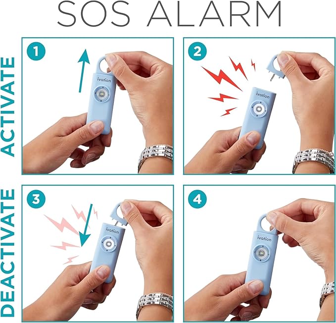 Ivation Personal Rechargeable SOS Alarm, Pocket Size Loud 130dB Sound Safety Siren & LED Panic Strobe Light with Carabiner Keychain Clip for Women, Children & Seniors, Blue