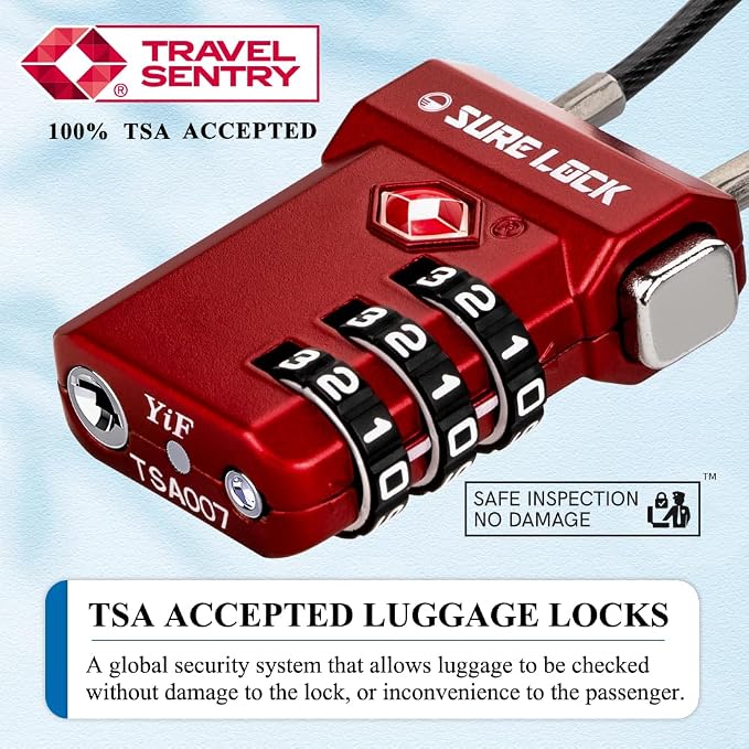 SURE LOCK TSA Approved Luggage Locks with Open Alert Indicator, 3 Digit Combination Cable Travel Lock for Suitcase, Backpack, Gym Locker, Toolbox, Carry On & Travel Bag