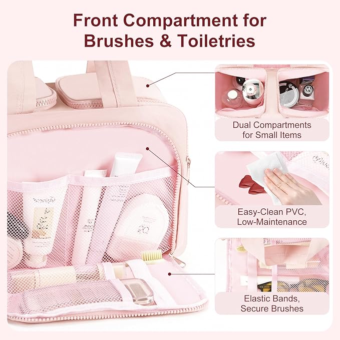 Travel Makeup Bag, Portable Travel Bag with Hanging Hook for Women, Waterproof and Hanging Toiletry Bags Travel Organizer Accessories for Travel Essentials,Pink