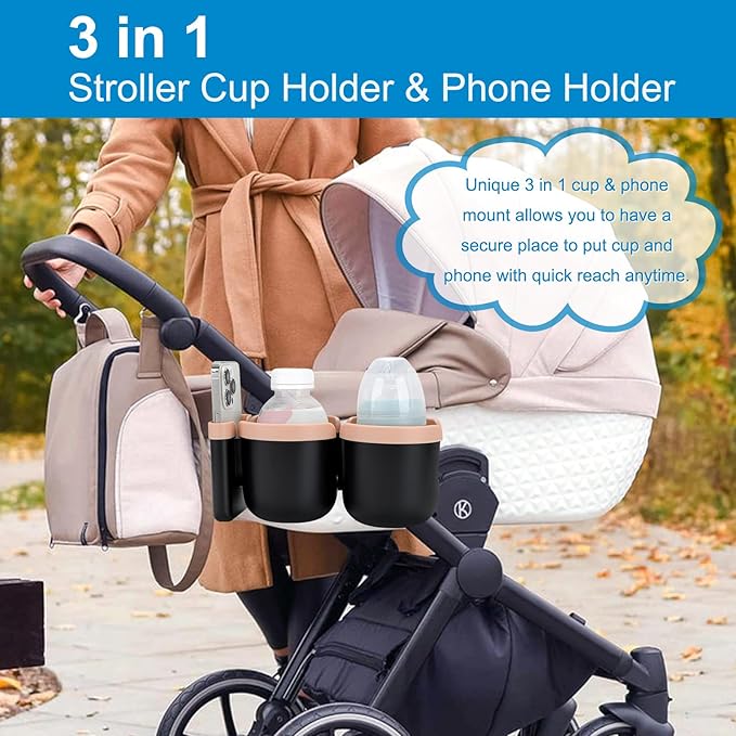 Accmor Stroller Cup Holder with Phone Holder, Bike Cup Holder, Universal Cup Holder for Uppababy Nuna Doona Strollers, 2-in-1 Cup Holder for Walker, Wheelchair, Scooter