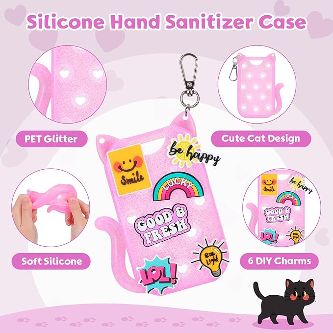 FunisFun Glitter Silicone Holder Case Compatible with Hand Sanitizer Spray 1 Fl. OZ., Cat-shaped Case Keychain with 6 Charms