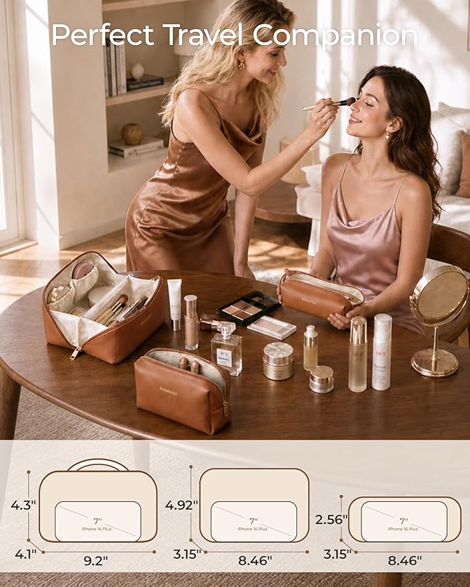 BAGSMART Makeup Bag Travel 3 Pcs Set Cosmetic Bag, Large Make Up Bag Flat Open Toiletry Bag for Women, PU Leather Travel Essentials Organizer Case, Wide-open Pouch for Skincare, Brushes, Cream Beige