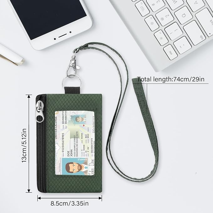 Minimalist Small Wallet for Men Women with 2 Zip Pockets, Multi Functional ID Case with Keychain and Card Holder, Coin Purse Badge Lanyard Pouch for Boys Girls Travel -Green