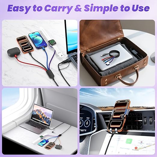 Travel 4 in 2 Multi Charging Cable for iWatch Charger/iPhone 17/IP, Life Essentials Multiple Charger Cord for iWatch Ultra/SE/11-2, iPhone 17-11, Galaxy S25-21, iPad (2PACK 5FT)