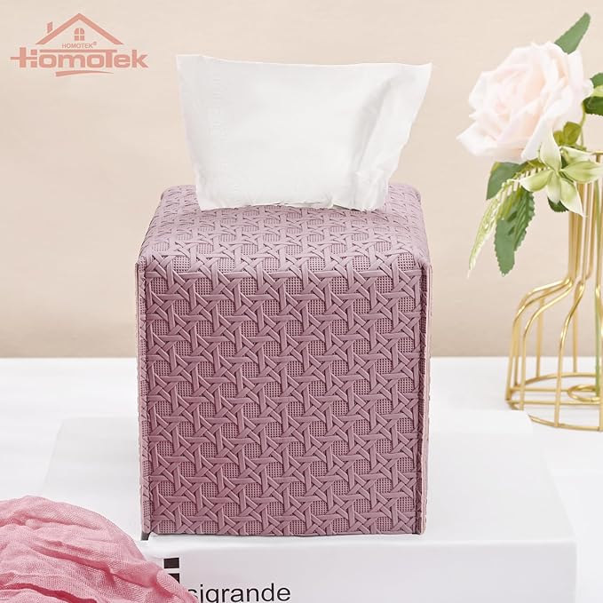 HOMOTEK 2 Pack Tissue Box Cover, Square PU Leather Tissue Holder, Decorative Facial Tissue Cube Paper Organizer Dispenser for Bathroom, Night Stands, Desk, Car 5X5X5'' - Rattan Weave,Plum Red