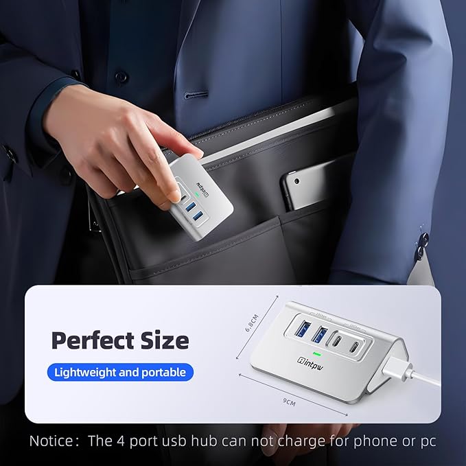 Intpw USB C Hub 10Gbps, 4 Port USB Splitter with 2 USB C/USB A 3.2 Data Ports, [Not Support Video and Chrging], Aluminum USB 3.2 Hub with 3.3Ft Cable for Laptop, PC, Mac, Flash Drive, Camera