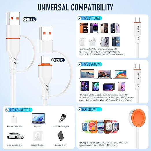 Travel Essentials 3 in 2 Multi Charging Cable 100W USB A/C to Dual USB C/for Apple Watch Charging Cable Silicone Fast Charge Compatible with iPhone 17-15 Series iPad MacBook, Type-C Devices 5FT-White