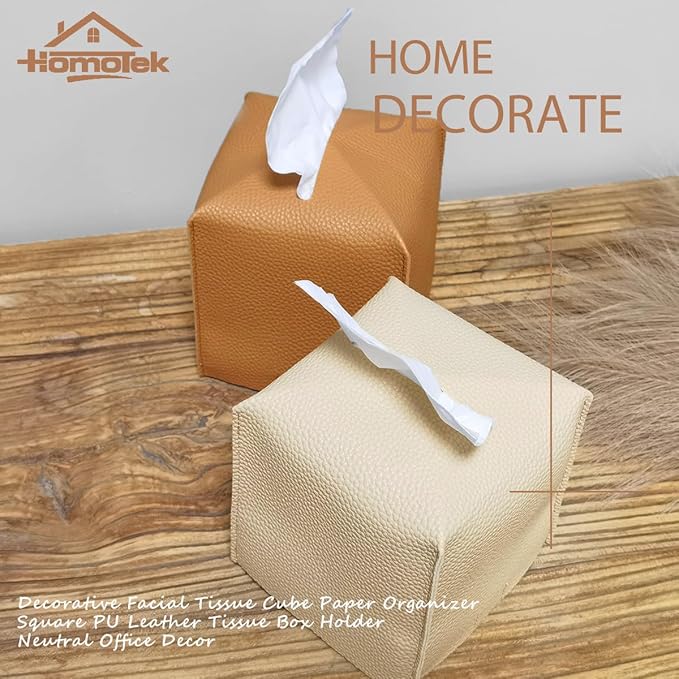 HOMOTEK 2 Pack Tissue Box Cover, Square PU Leather Tissue Holder, Decorative Facial Tissue Cube Paper Organizer Dispenser for Bathroom, Night Stands, Desk, Car 5X5X5'' - Beige, Pebble Grain