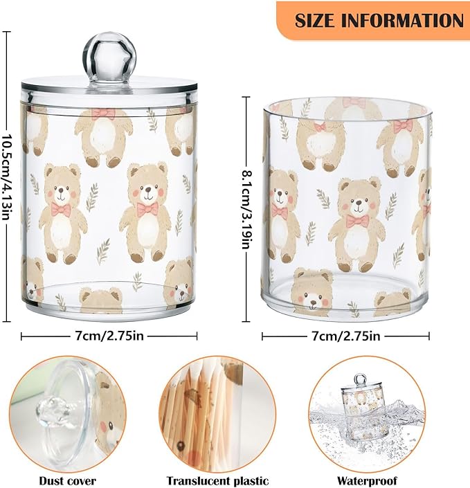 2 Pack Qtip Holder Organizer Dispenser Bears Bathroom Storage Canister Cotton Ball Holder Container for Cotton Pads/Swabs/Floss
