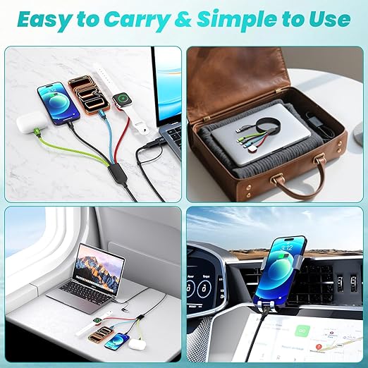 Dual IP Port 4 in 2 Multi Charging Cable for iWatch, Car Accessories Charging Cords for Multiple Devices for iWatch Ultra/SE/11-2, iPhone 17-5, Galaxy S25-21, iPad (2PACK 5FT)