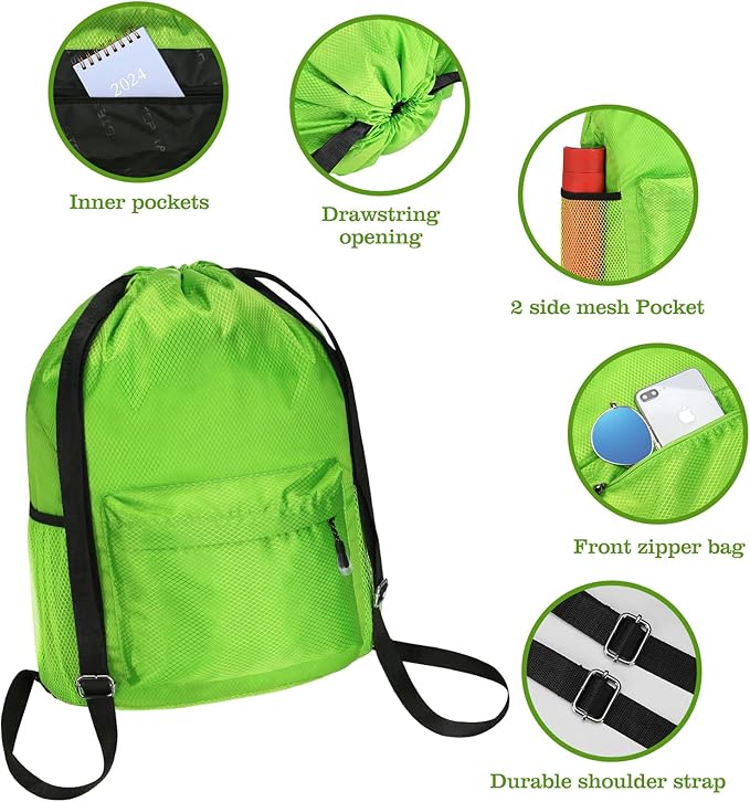 Waterproof Drawstring Bag, Lightweight String Backpack with Water Bottle Holder and Pockets, Gym Sports Cinch Sackpack (Green)