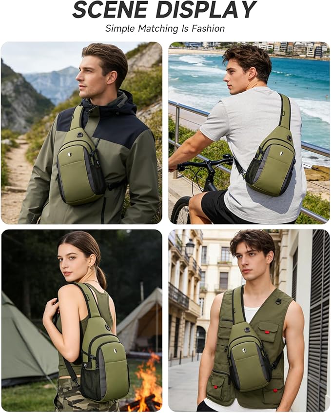Tactical Sling Bag for Men & Women, Water Resistant Anti-Theft Crossbody Bag Mini Backpack with Water Bottle Pocket, Travel Hiking Chest Pack Fits 11 inch iPad, Switch 2, Army Green | Mens Crossbody Bag