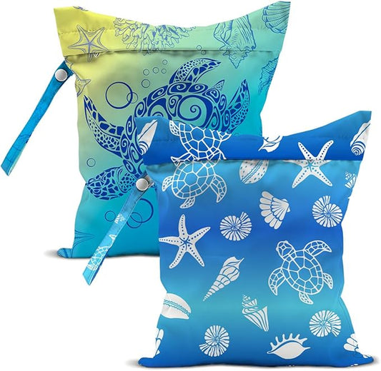2-Pack Reusable Waterproof Wet Bags, Sea Turtle & Ocean Pattern Wet Dry Bag, Leak Proof Storage Pouch for Swimsuit Baby Clothes Travel Diaper Bag