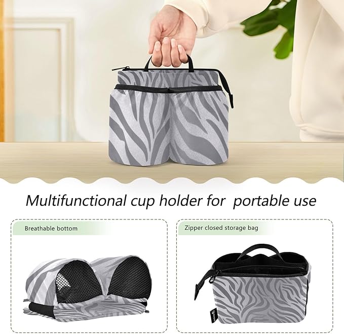 Luggage Cup Holder for Suitcases Free Hands Suitcase Cup Holder Travel Luggage Drink Holder Portable Luggage Cup Caddy Bag Carrier with Handle Light Silvery Zebra Print