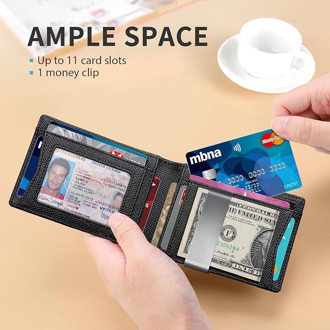 RUNBOX Slim Wallets for Men - Leather Money Clip Mens Wallet - RFID Blocking Front Pocket Bifold Wallet - Thin Credit Card Holder with Gift Box