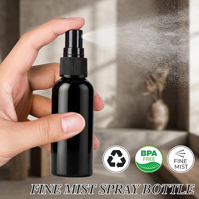 Travel Spray Bottle Set – 10 Pack 50ml (1.7oz) Empty Plastic Spray Bottles, Fine Mist Continuous Spray for Hair, Face Mist, Perfume & Toner, Refillable Travel Size Containers (Black)