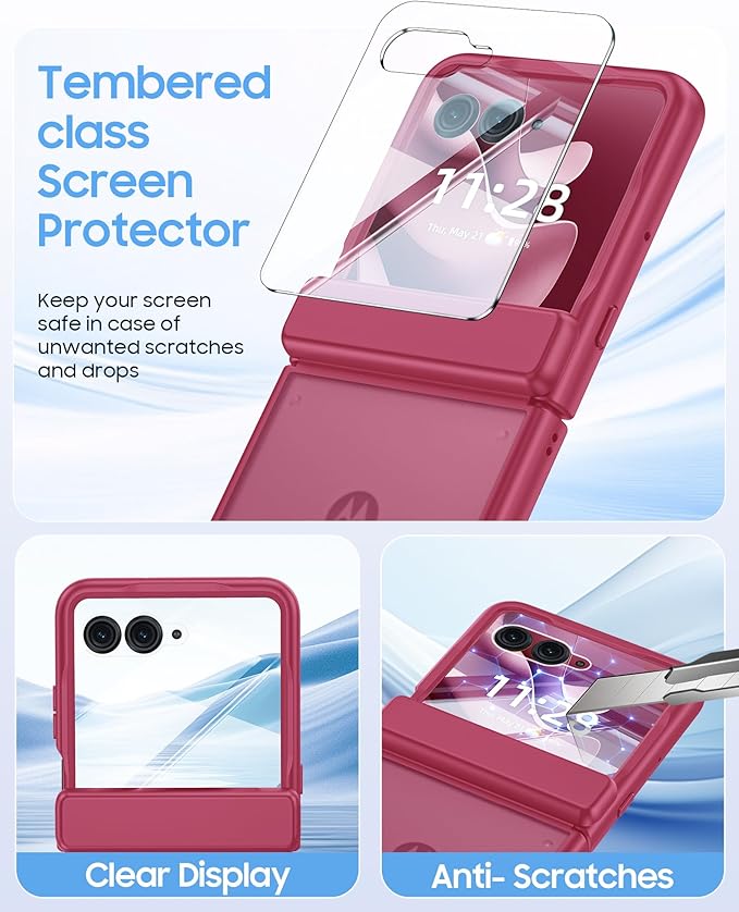 for Motorola Razr Ultra 2026 Case/Razr Ultra 2025 Case with Hinge Protection, Screen Protector, Skin Feel Translucent Frosted, Shockproof Slim Cover for Razr Ultra 2026/2025 -Rose Red