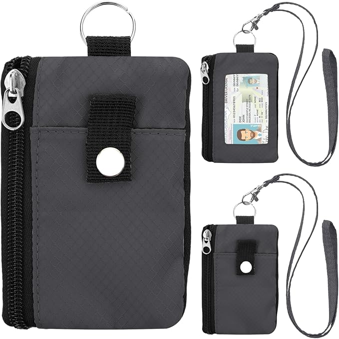Minimalist Small Wallet for Men Women with 2 Zip Pockets, Multi Functional ID Case with Keychain and Card Holder, Coin Purse Badge Lanyard Pouch for Boys Girls Travel -Gray