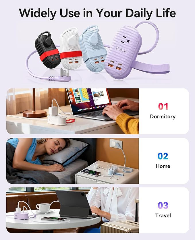 ORICO 45W Power Strip for iPhone 17 and Galaxy S25, 7 in 1 Charging Station with 3AC, 2 USB-A, 2 USB-C, 4ft Thin Extension Cord, Flat Plug Fashion Essential for Cruise Ship/Travel/Home/Dorm - TK45