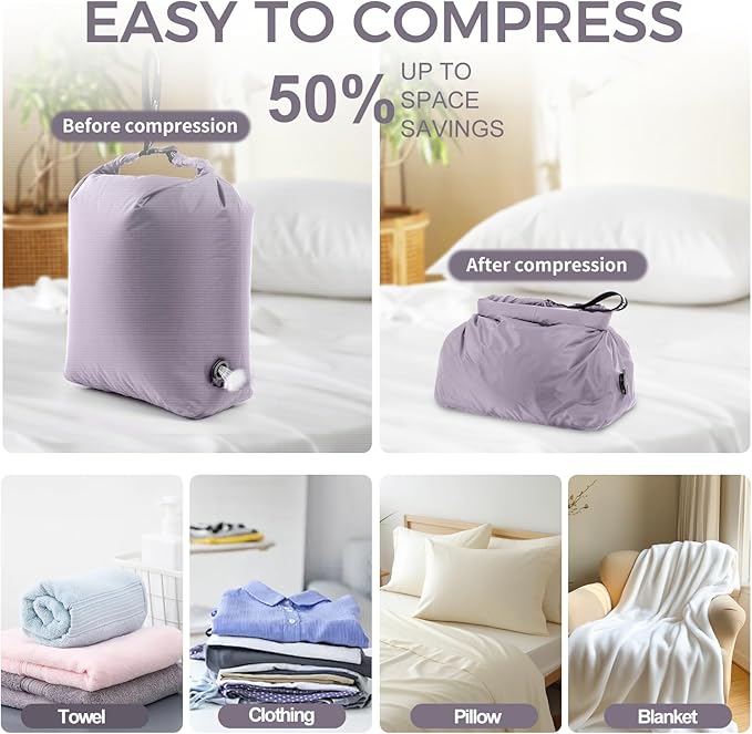 Travel Laundry Bag, Pump Free Vacuum Compression Dirty Clothes Bag Reusable Wet Dry Bags Large Capacity Space Saver Bags Camp Washable Clothes Organizer for Sports Dorm Laundromat (1 Pcs)(Purple, L）