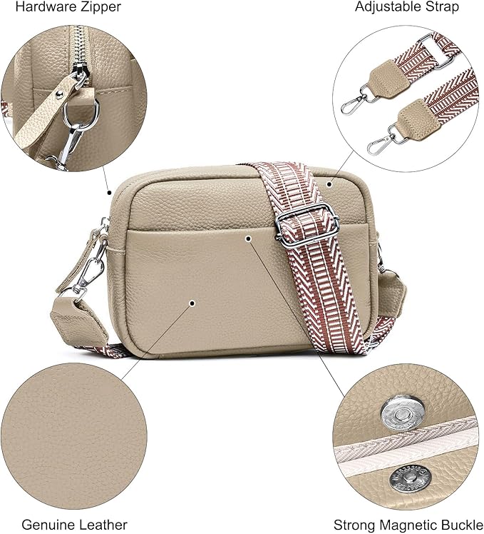 Small Crossbody Bags for Women Genuine Leather, Guitar Strap Shoulder Handbag Purse Camera Bag with Rfid Card Slots, nude
