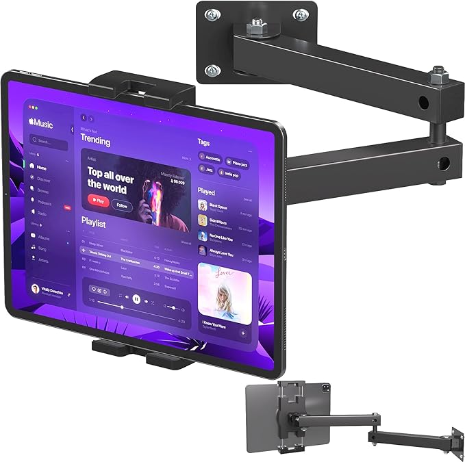 Mippko Foldable Wall Mount iPad Holder Tablet Mount Stand,360° Adjustable Tablet Holder,2-Stage Extendable Articulating Aluminum Alloy Arm,Compatible with 4.7~12.9" iPad/Nexus/e-Reader/Switch/iPhone