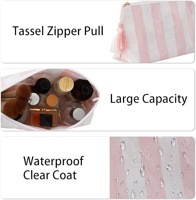 DYSHAYEN Makeup Bags for Purse,Small Clear Coated Cosmetic Bags for Women Girls, Waterproof Travel Organizer Zipper Pouch Beach Vacation Essentials (White-Pink)