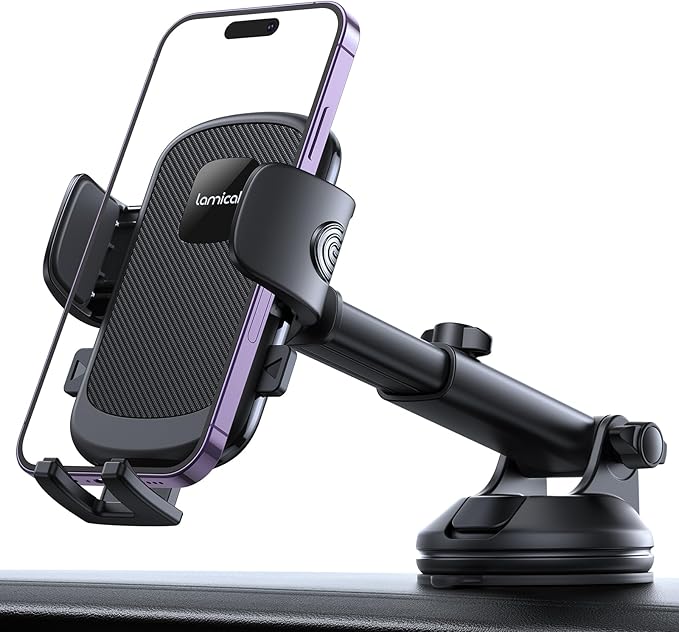 Lamicall Car Phone Holder - [Strongest Military-Grade Suction Cup] 360° Rotation Phone Holders for Your Car Quick Release Adjustable Phone Mount for Car Dashboard for iPhone 17 16 Pro Max Dark Grey