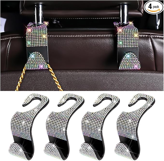 Zpana 4PCS Bling Car Seat Headrest Hooks, Vehicle Back Seat Purse Handbag Hanging Holder with Crystal Rhinestone, Diamond Storage Organizer Hook, Universal Automotive Accessories (Black/AB)