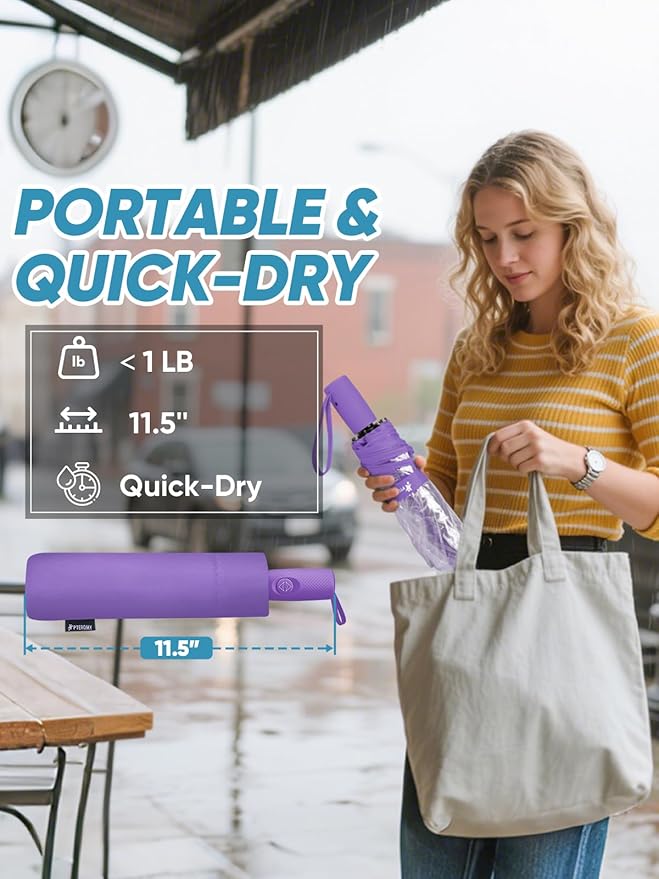 PTEROMY Windproof Travel Umbrellas for Rain and Sun, Withstands 85MPH Winds Auto Open Close Folding Umbrella with Ergonomic Handle, Quick Dry Canopy for Commuting or Backpack