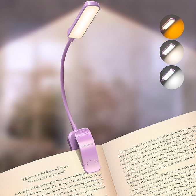 Glocusent 13 LED Rechargeable Book Light for Reading at Night, Eye-Caring 3 Amber Colors & Stepless Dimming, Lasts 1 Week to 2 Months, Travel Clip on Lamp, Gifts for Book Lovers, Men, Women & Kids