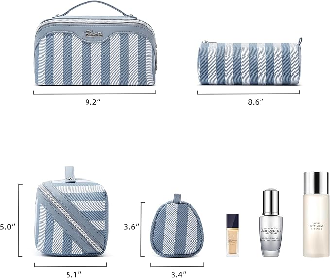 BOYATU Travel Makeup Bag Cosmetic Bag for Women: 3 Pcs Set Striped Make up Bag with Compartments - Waterproof Vegan Leather Toiletry Bags with Handle - Makeup Organizer for Travel Essentials(A-1-Blue)