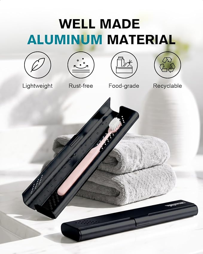 Toothbrush Case Cover for Traveling, Aluminum Toothbrush Holder for Manual Toothbrush + Mini Toothpaste, Portable Tooth Brush Storage Box for Camping Business Trip-Black (1 Pack)
