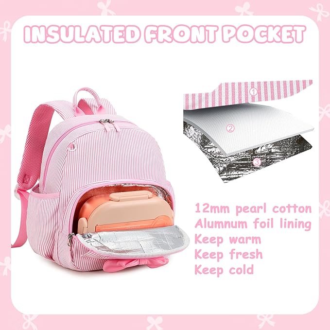 BTOOP Toddler Backpack for Girls 2-4 Preschool Kindergarten Backpacks with Insulated Pocket Cute Kids Daycare Bags School Travel (Pink Bow Stripes)