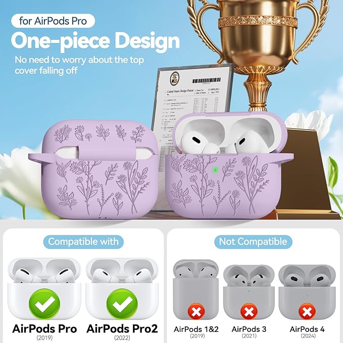 for AirPods Pro 2 Case, Ekoonpft Silicone AirPod Pro Cases with 3-in-1 Cleaning Kit & Keychain, Flower Engraved Cover for Apple AirPods Pro 2nd/1st Generation, Shockproof & Anti-Scratch