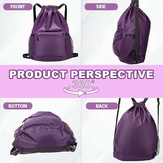 Tygelluis Drawstring Backpack, Waterproof Gym Bag with Water Bottle Pocket for Women Men, Pull String Sport Bag for Swim, Soccer and Basketball,Purple