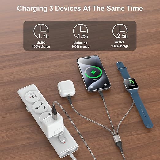 3 in 2 USB C Cable for Apple Watch Charger & iPhone 16/Galaxy - Fast Charging Multi Cable | 2FT Portable Travel Essentials (Compatible iWatch Ultra/SE/10-1, iPhone 11-16, S23-S25)