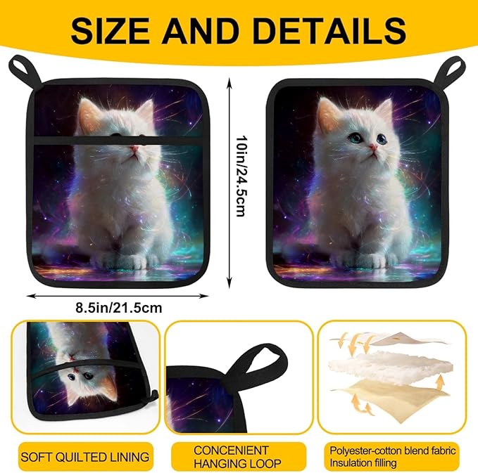 Cute White Cat Pot Holders with Pockets 2 PCS, Heat Resistant Oven Mitts Hot Pads for Kitchen Baking Cooking, Square Thick Pot Holders Kitchen Hot Potholders, 8.5x10 Inches
