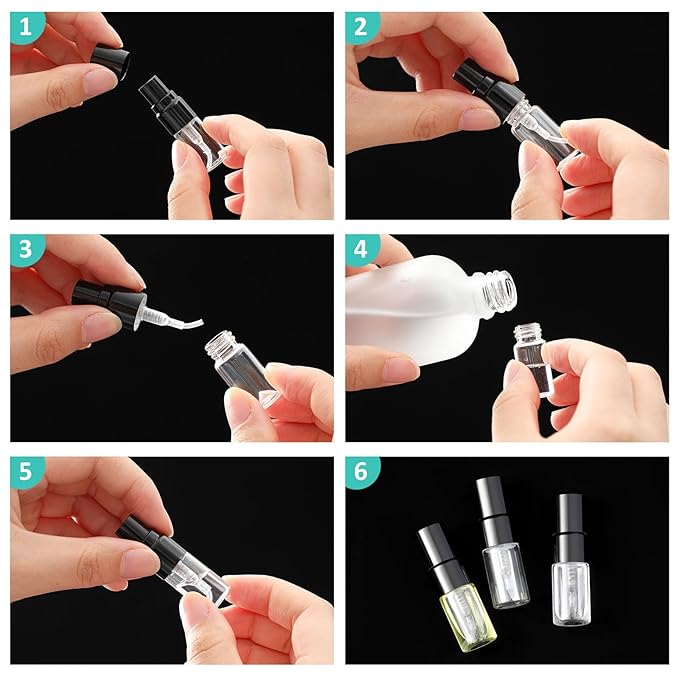 Zhehao 100 Pcs Mini Spray Bottles 2 ml Clear Glass Perfume Bottles Refillable Fine Mist Perfume Atomizer Portable Empty Sample Containers for Cleaning, Essential Oils, Travel (Black Cap)